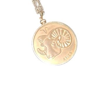 Vintage Aries Zodiac Medallion Necklace Gold Tone Ram Constellation Pendant